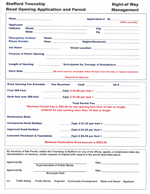 First page of the Road Opening Permit