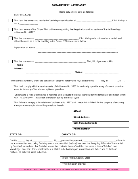 First page of the Non-Rental Affidavit