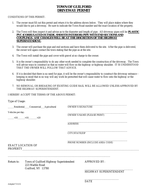 First page of the Driveway Permit