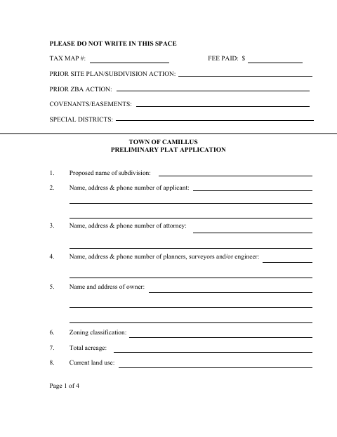 First page of the Preliminary Plat Application