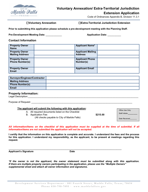 First page of the Voluntary Annexation and Extraterritorial Jurisdiction Extension Application