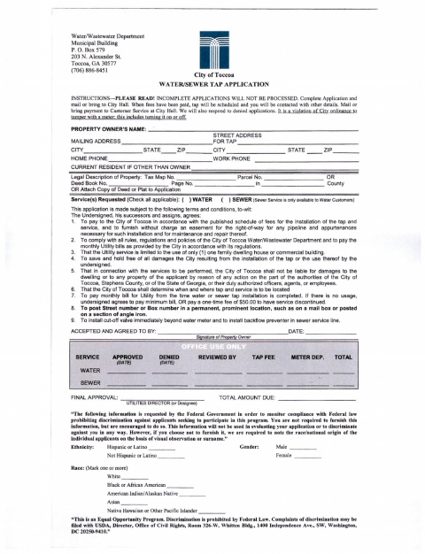 First page of the Water/Sewer Tap Application for New Service