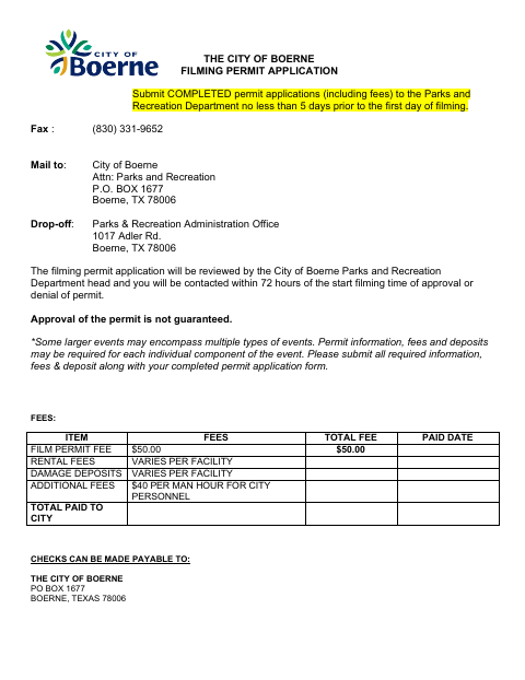 First page of the Filming Permit Application