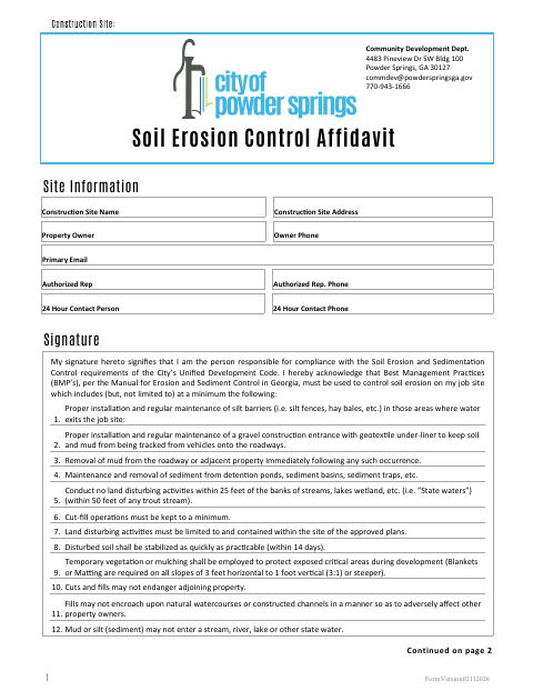 First page of the Soil Erosion Control Affidavit