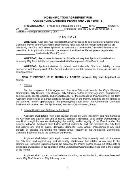 First page of the Commercial Cannabis Indemnification Form
