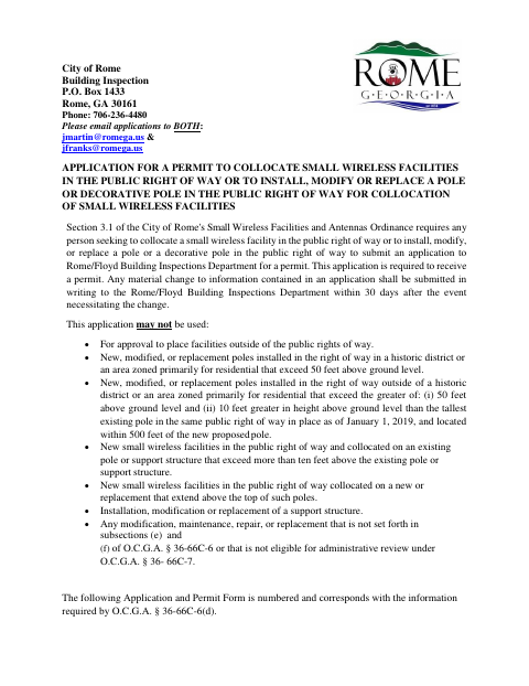 First page of the Small Wireless Facility Right-of-Way Permit Application