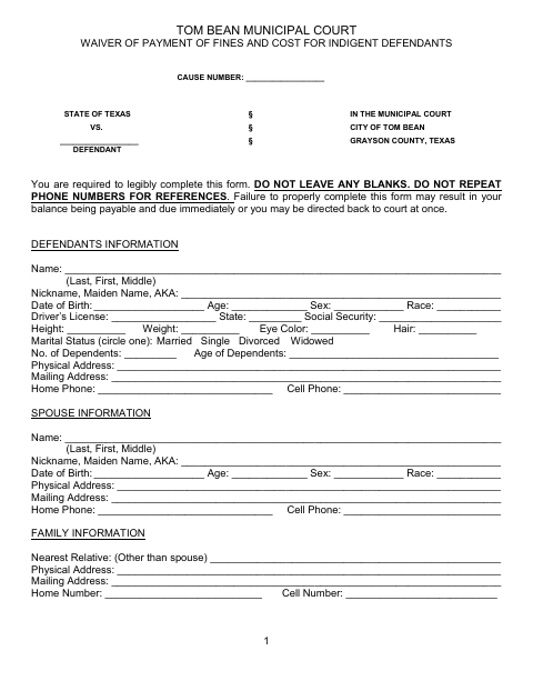 First page of the Municipal Court Indigent Waiver Form