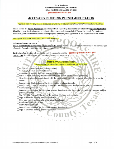First page of the Accessory Building Application