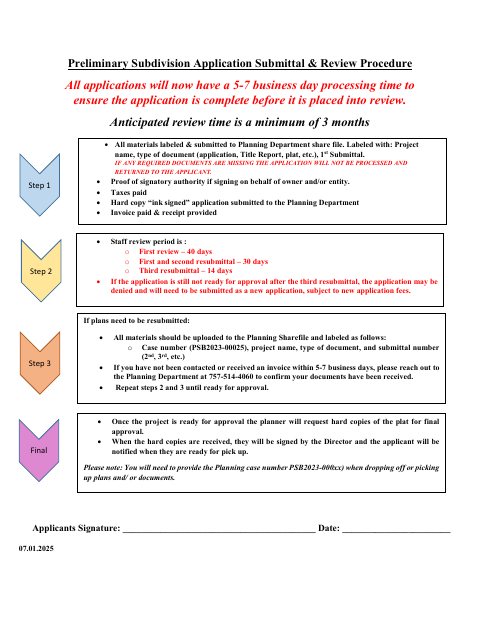 First page of the Preliminary Subdivision Plat Application