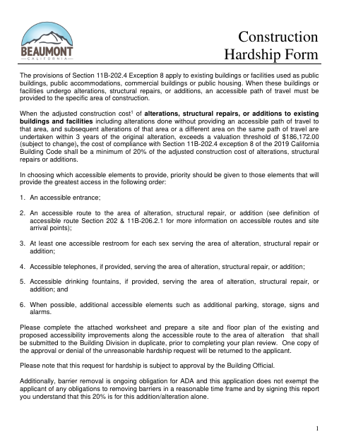 First page of the Construction Hardship Form