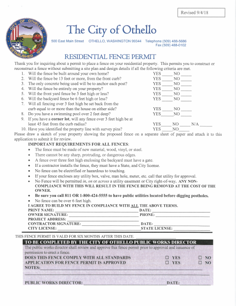 First page of the Residential Fence Permit