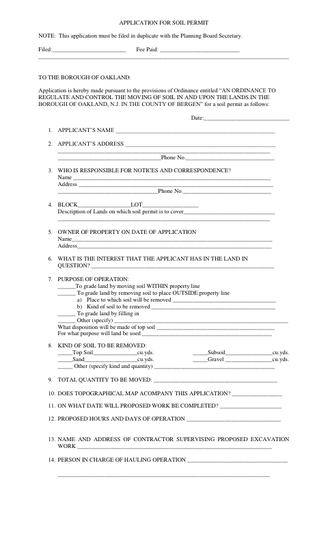 First page of the Soil Permit Application