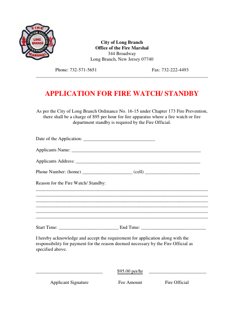 First page of the Fire Watch/Standby Application