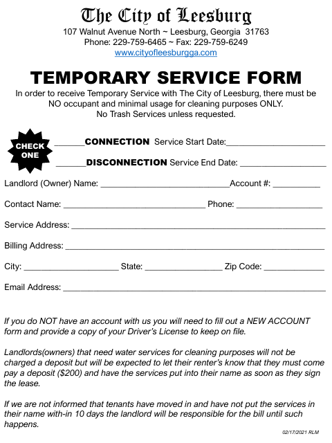 First page of the Temporary Service Form