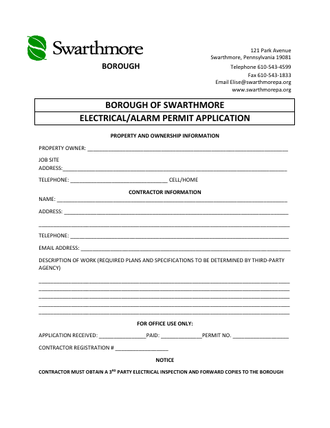 First page of the Electrical/Alarm Permit Application