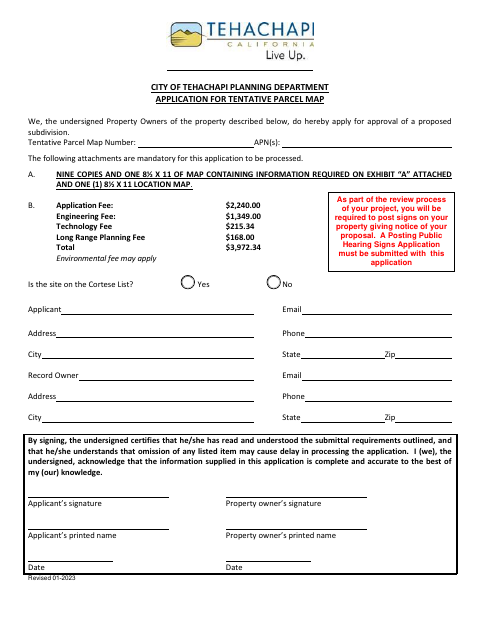 First page of the Application for Tentative Parcel Map