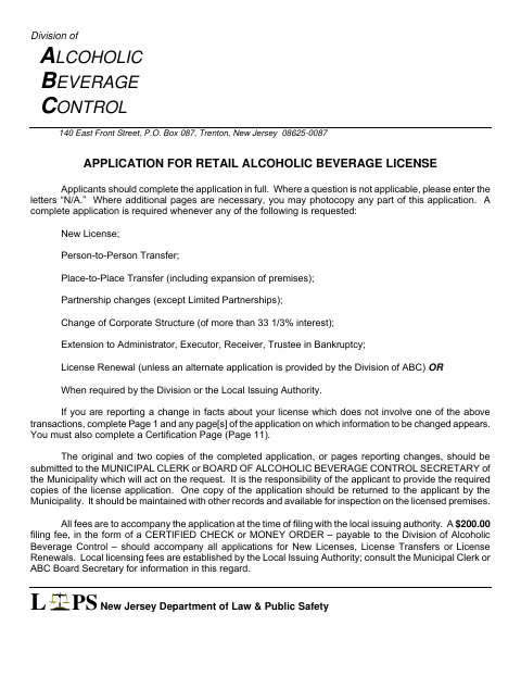 First page of the Retail Alcoholic Beverage License Application