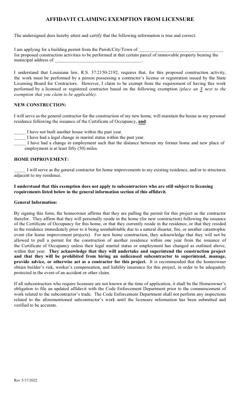 First page of the Affidavit Claiming Exemption from Licensure
