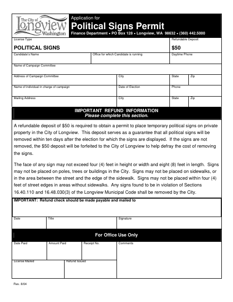 First page of the Application for Political Signs Permit