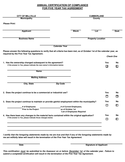 First page of the Annual Certification of Compliance for Five Year Tax Agreement