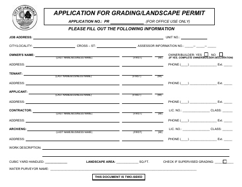 First page of the Application For Grading/Landscape Permit