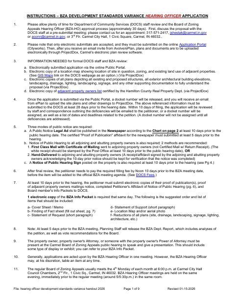 First page of the Development Standards Variance Hearing Officer Application