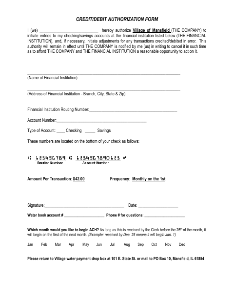 First page of the Credit/Debit Authorization Form