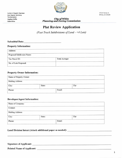 First page of the Plat Review Application