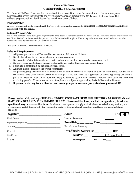 First page of the Outdoor Facility Rental Agreement
