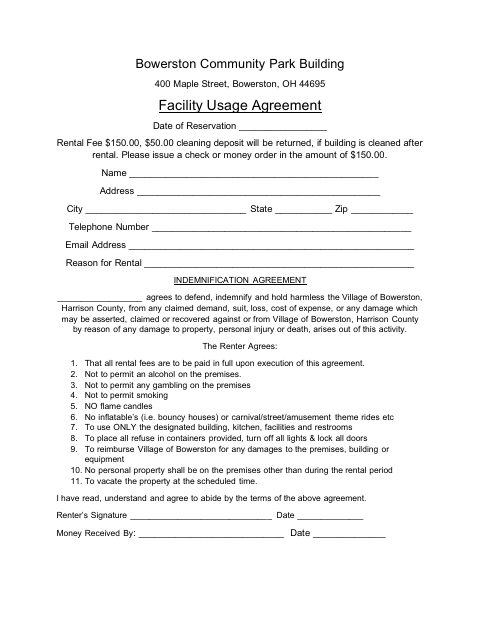 First page of the Facility Usage Agreement