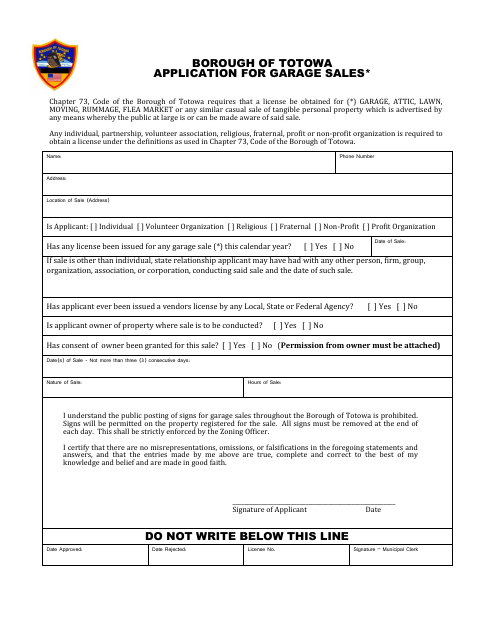 First page of the Application for Garage Sales