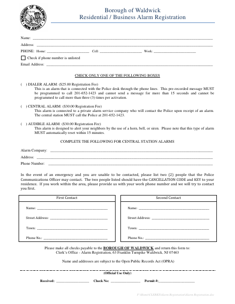 First page of the Residential / Business Alarm Registration