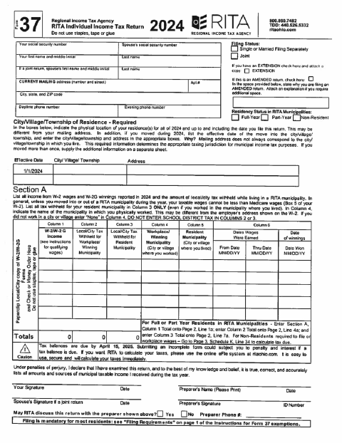 First page of the RITA Individual Tax Return