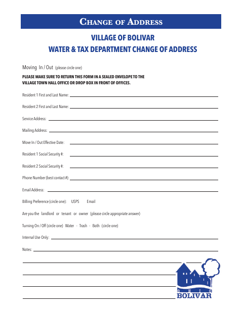 First page of the Change of Address Moving In / Out