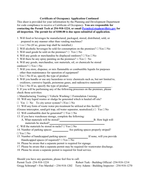 First page of the Certificate of Occupancy Application