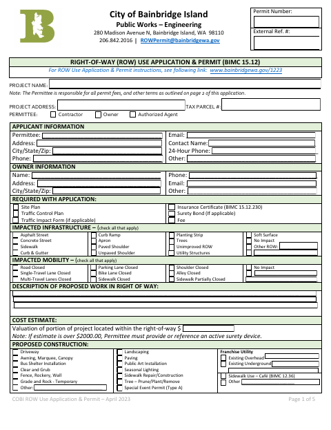 First page of the Right-of-Way (ROW) Use Application & Permit