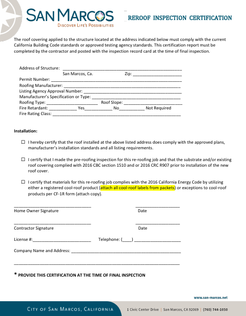 First page of the Reroof Inspection Certification