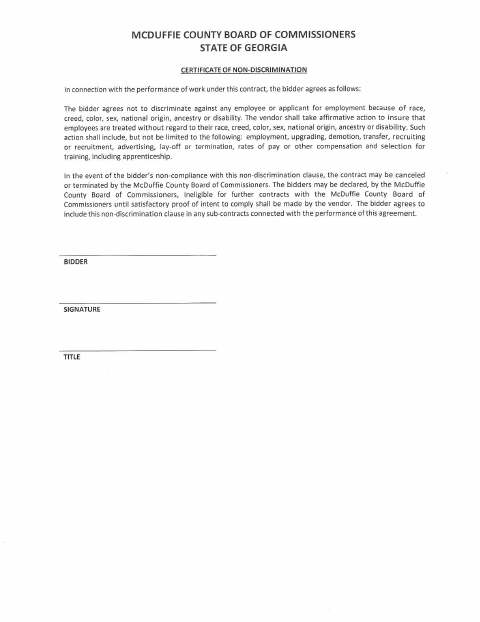 First page of the Certificate of Non-Discrimination