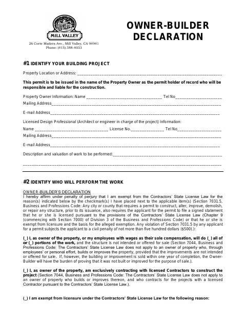 First page of the Property Owner-Builder Declaration Form