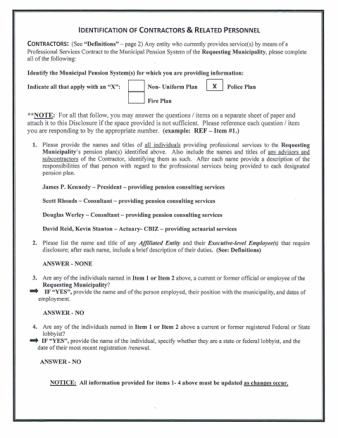 First page of the Act 44 Pension Services Disclosure