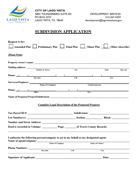 First page of the Subdivision Application