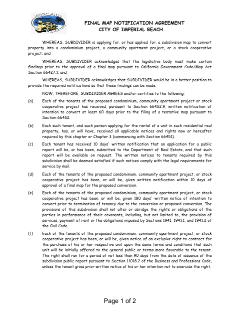 First page of the Final Map Notification Agreement