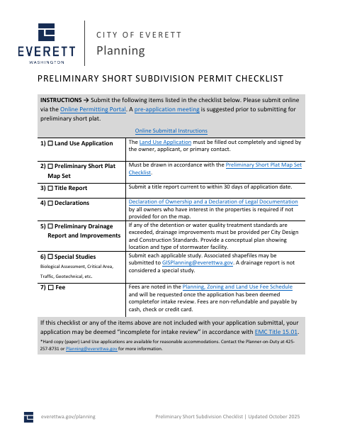 First page of the Preliminary Short Subdivision Permit Checklist