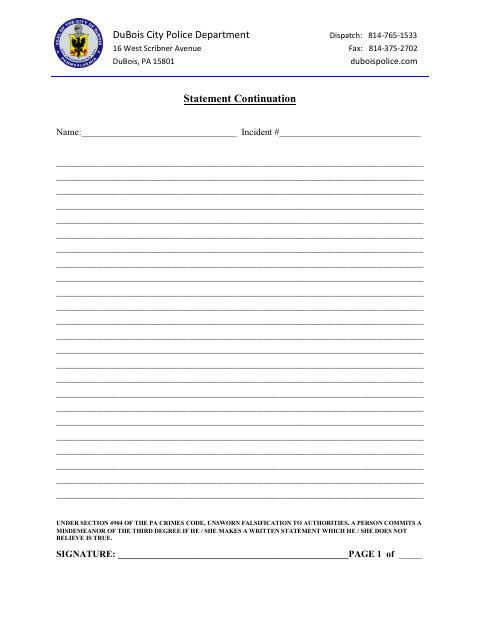 First page of the Statement Continuation