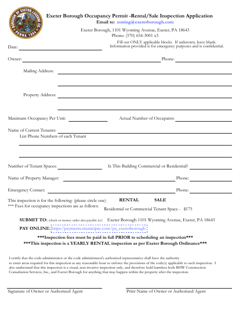 First page of the Occupancy Permit Rental/Sale Inspection Application