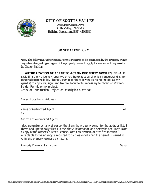 First page of the Owner Agent Form
