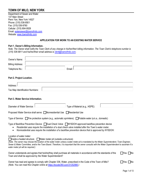 First page of the Application for Work to an Existing Water Service