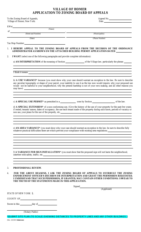 First page of the Zoning Board of Appeals Application