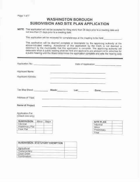 First page of the Site Plan and Subdivision Application