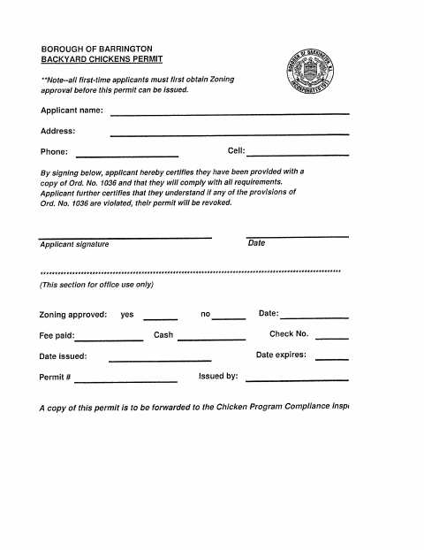 First page of the Backyard Chickens Permit Application